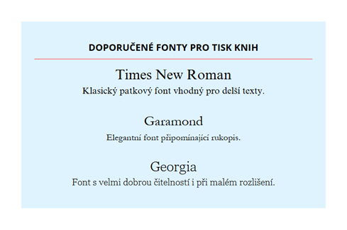 Ukázka doporučených fontů pro tisk knihy.